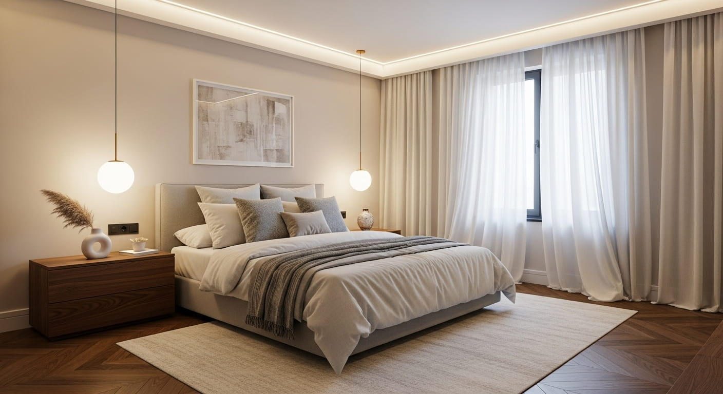 Büyük pencere, doğal ışık, bej tonlarda nevresimler ve ahşap zemin ile minimalist yatak odası.