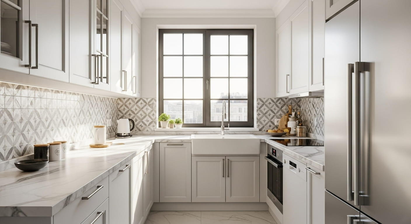 Beyaz dolaplar ve gri desenli backsplash ile modern ankastre mutfak tasarımı.