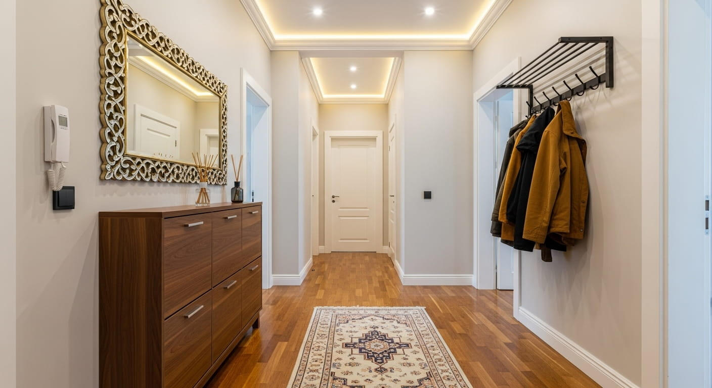 Ahşap konsol, büyük çerçeveli ayna ve askılık ile dekore edilmiş aydınlık koridor.