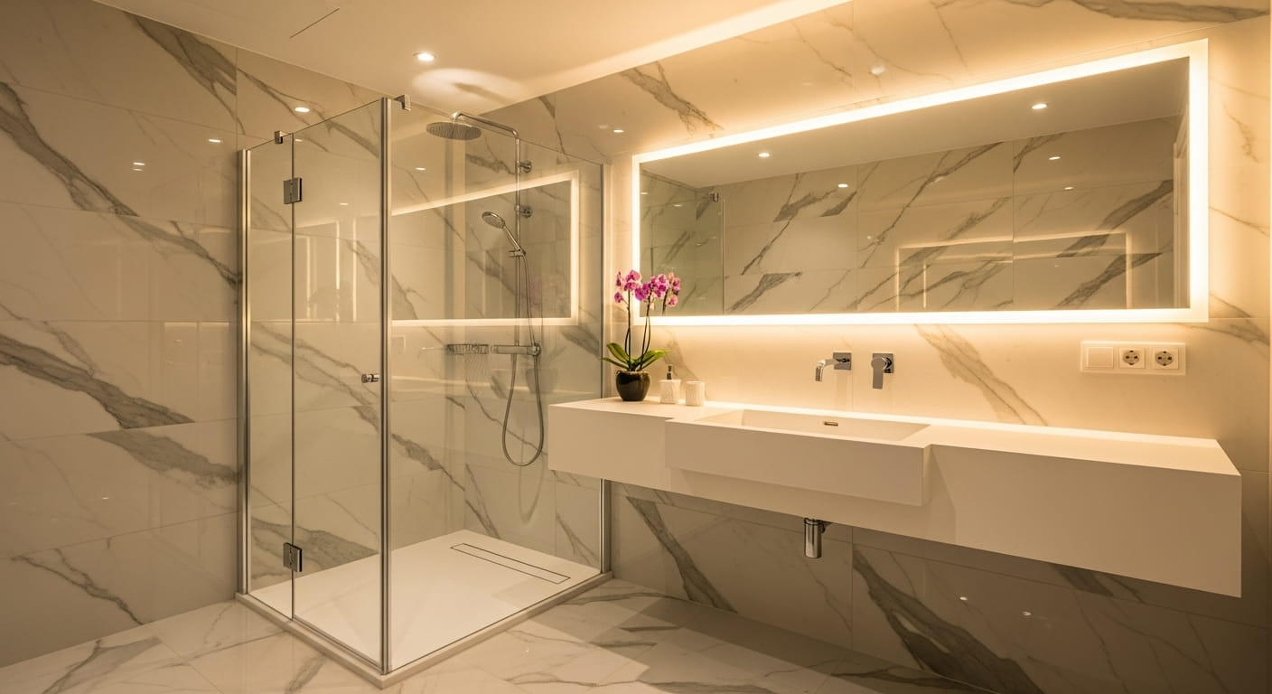 Geniş cam duş kabini ve LED aynalı lavabo ünitesi ile şık mermer banyo.