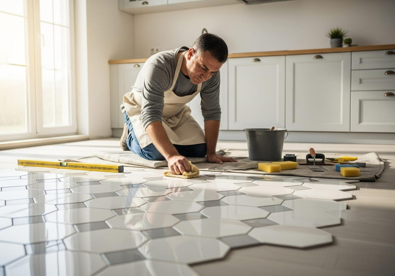 Temiz ve titiz işçilik garantisi Yeni döşenen seramik karoları özenle temizleyen usta