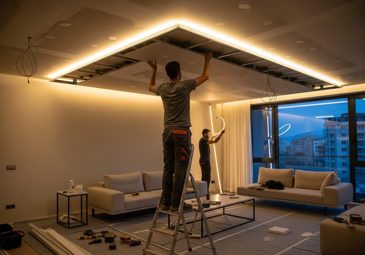 Alçıpan ve dekoratif ışık uygulama hizmeti Tavana ışık bandı ve alçıpan montajı