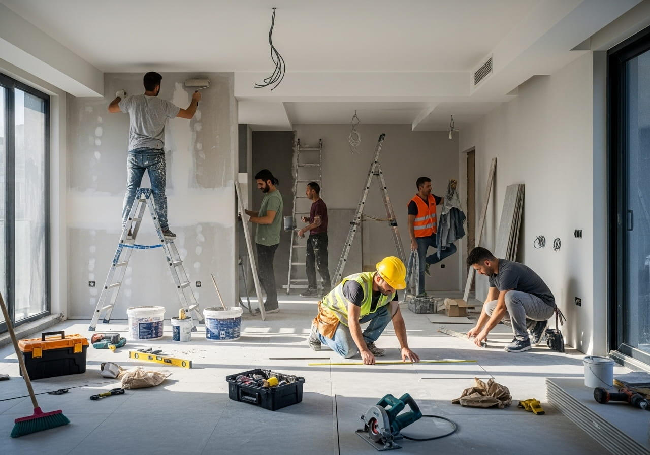 Anahtar teslim komple daire tadilat hizmeti Tam kapsamlı daire tadilatı sırasında çalışan ustalar