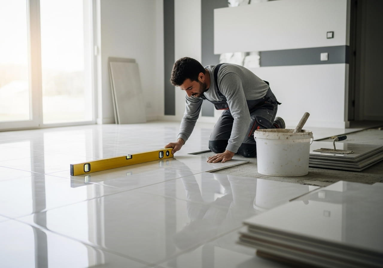 Fayans ve seramik döşeme hizmeti Zeminde seramik döşeme yapan usta